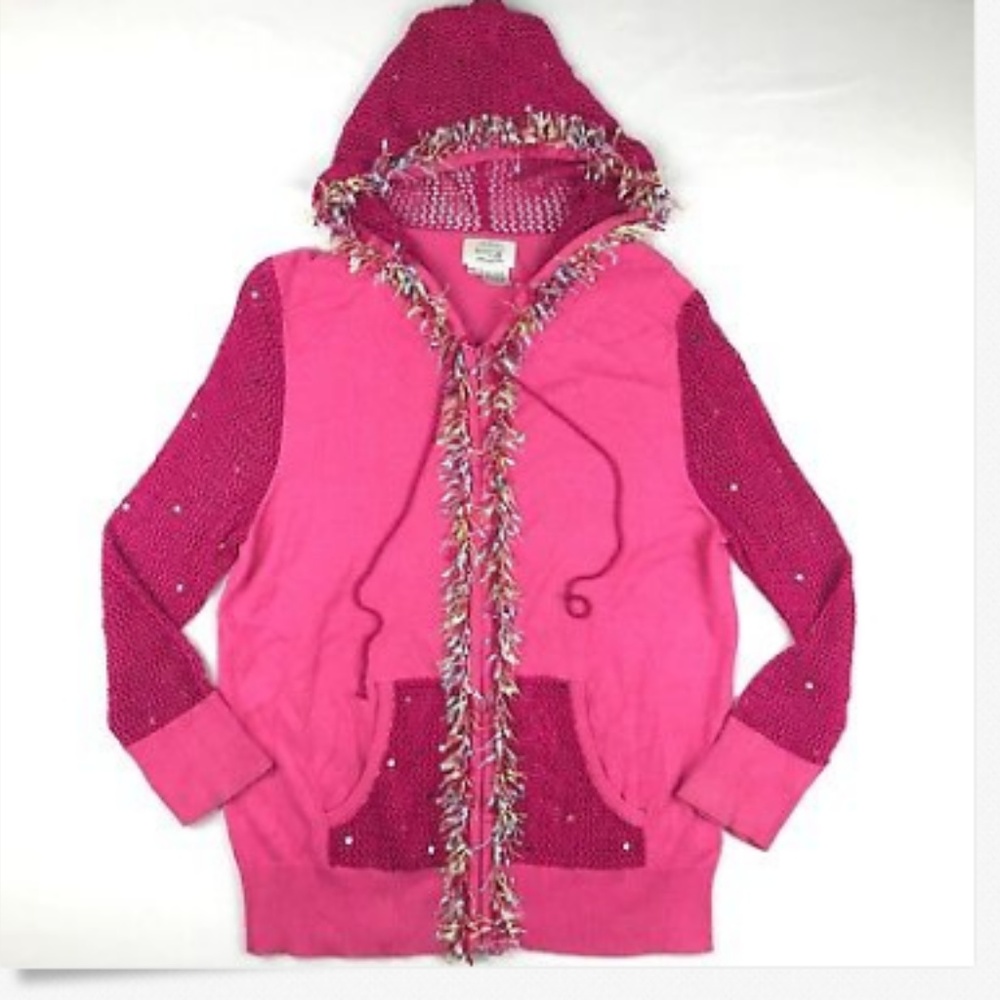 Sweater Jacket Crochet Confetti Fringe w Hood